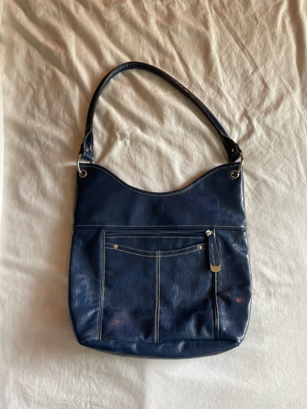 Navy Leather Shoulder Bag - Classic Women's Tote